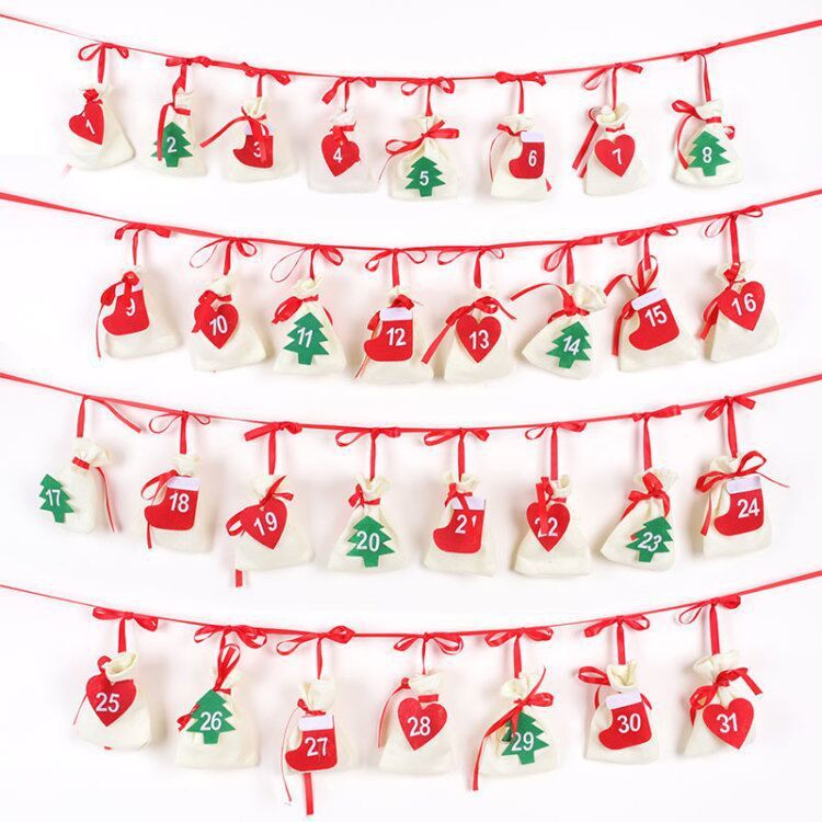 HKM-872467 Christmas Countdown Hanging Bag Calendar – Felt, 11x16cm, 24 Pack, Decorative Storage with Rope