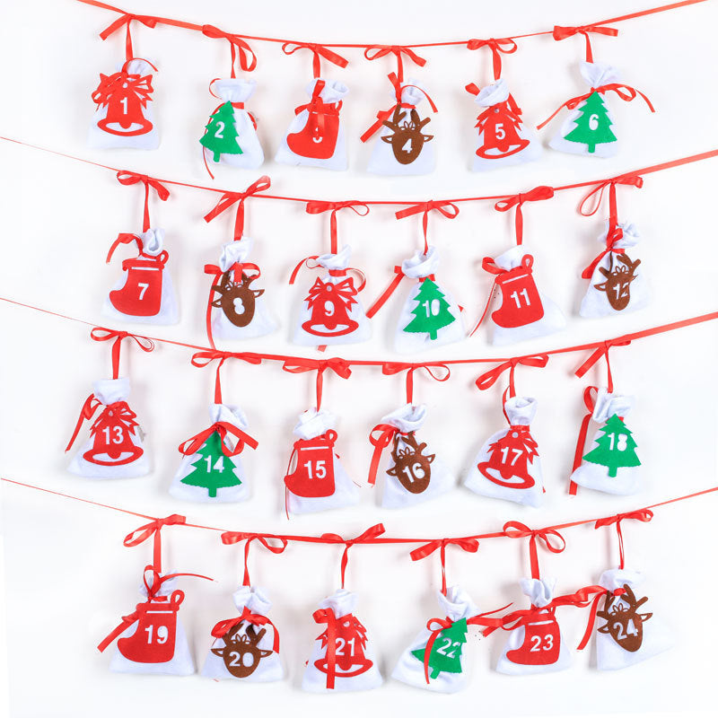 HKM-872467 Christmas Countdown Hanging Bag Calendar – Felt, 11x16cm, 24 Pack, Decorative Storage with Rope