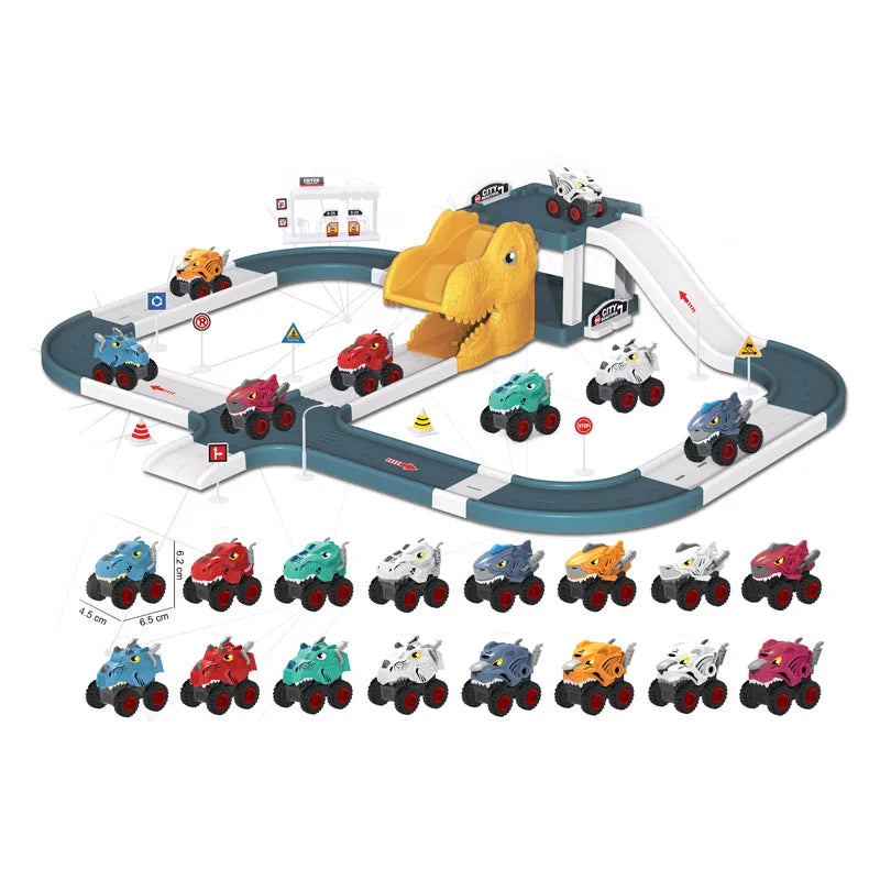 HKM-872979 Kids Mechanical Dinosaur Parking Lot Track with 2 Free-Wheel Cars - Educational DIY Railway Toy for Ages 2-7