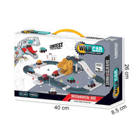 HKM-872979 Kids Mechanical Dinosaur Parking Lot Track with 2 Free-Wheel Cars - Educational DIY Railway Toy for Ages 2-7