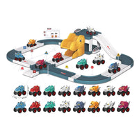 HKM-872979 Kids Mechanical Dinosaur Parking Lot Track with 2 Free-Wheel Cars - Educational DIY Railway Toy for Ages 2-7