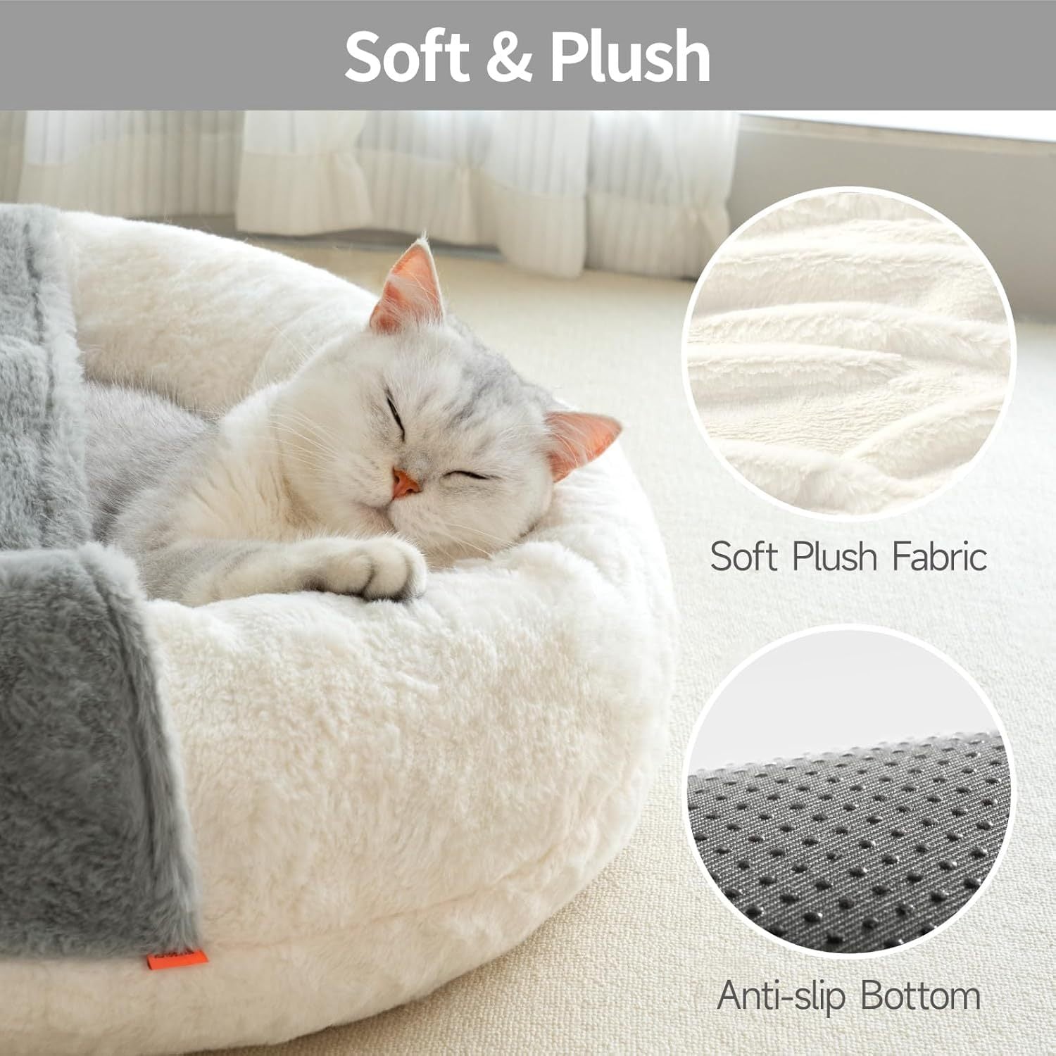 HKM-873363 Cozy Washable Cat Bed Cave with Non-Slip Base and Hooded Blanket for Cats and Small Dogs - 22'' x 22'' - White