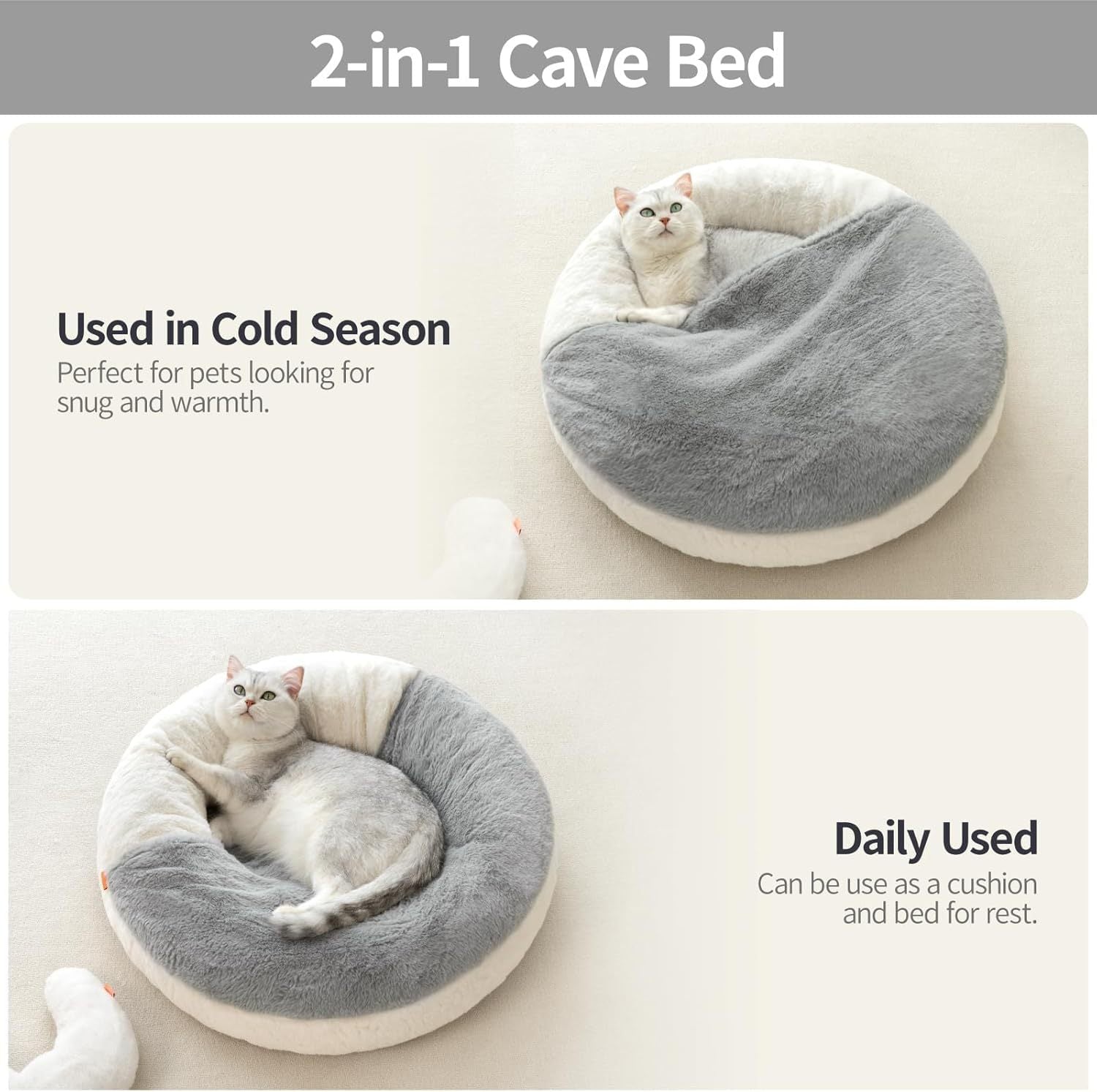 HKM-873363 Cozy Washable Cat Bed Cave with Non-Slip Base and Hooded Blanket for Cats and Small Dogs - 22'' x 22'' - White