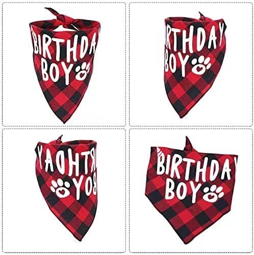 HKM-873491 Dog Birthday Plaid Triangle Scarf for All Seasons, Cotton Saliva Towel, Custom Size Available