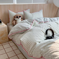 HKM-873491 Small Plaid Pure Cotton Four-Piece Bedding Set with Quilt Cover and Fitted Sheets in Multiple Sizes