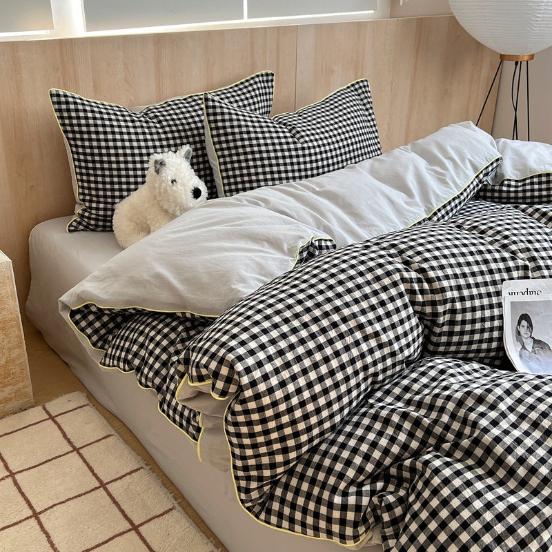 HKM-873491 Small Plaid Pure Cotton Four-Piece Bedding Set with Quilt Cover and Fitted Sheets in Multiple Sizes