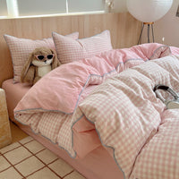 HKM-873491 Small Plaid Pure Cotton Four-Piece Bedding Set with Quilt Cover and Fitted Sheets in Multiple Sizes