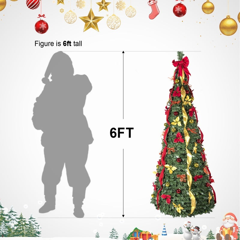 HKM-873619 Prelit Pop-Up Christmas Tree with Warm LED Lights, Gold and Red Ornaments for Easy Holiday Decor