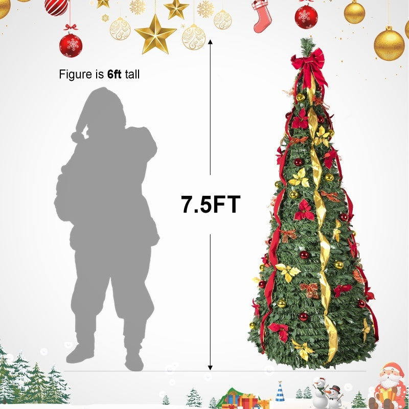 HKM-873619 Prelit Pop-Up Christmas Tree with Warm LED Lights, Gold and Red Ornaments for Easy Holiday Decor