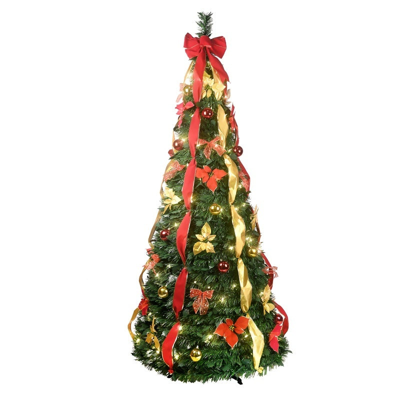 HKM-873619 Prelit Pop-Up Christmas Tree with Warm LED Lights, Gold and Red Ornaments for Easy Holiday Decor
