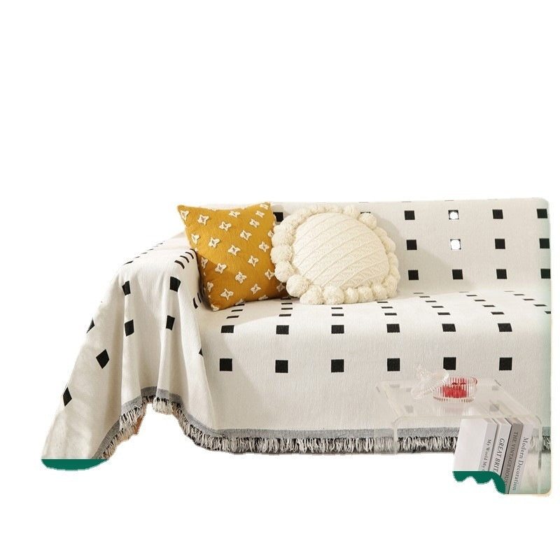 HKM-874387 Waterproof Chenille Sofa Towel in Checkered Pattern - Yellow, Gray, Bean Green, and Black Squares
