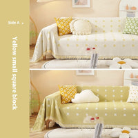HKM-874387 Waterproof Chenille Sofa Towel in Checkered Pattern - Yellow, Gray, Bean Green, and Black Squares
