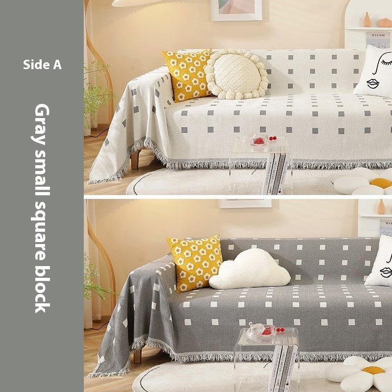 HKM-874387 Waterproof Chenille Sofa Towel in Checkered Pattern - Yellow, Gray, Bean Green, and Black Squares