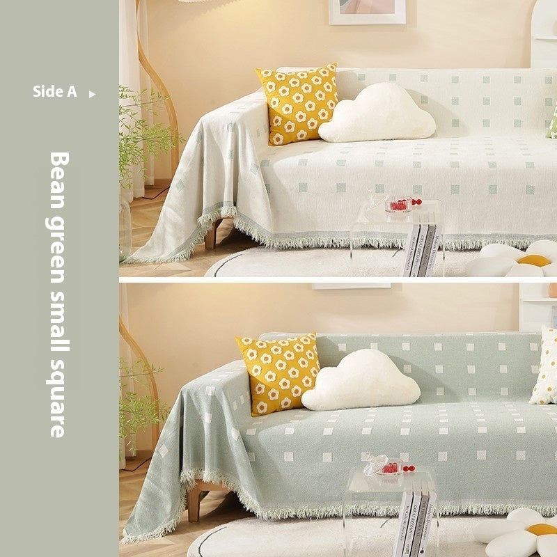 HKM-874387 Waterproof Chenille Sofa Towel in Checkered Pattern - Yellow, Gray, Bean Green, and Black Squares