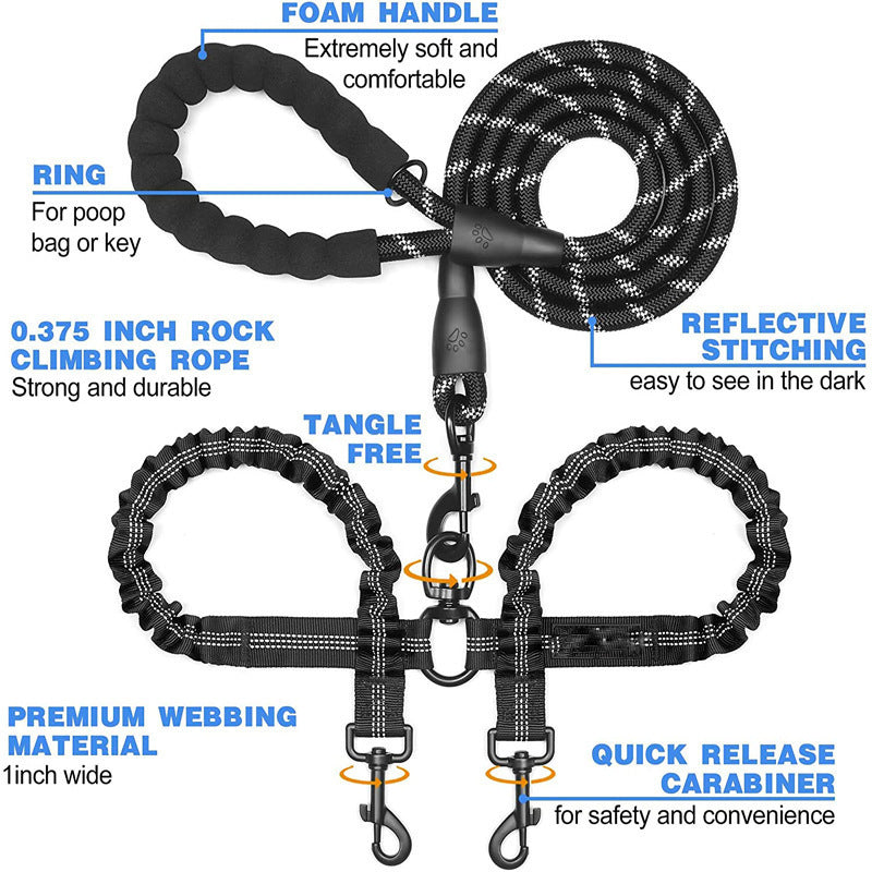 HKM-874451 Double-Headed Luminous Pet Leash, Explosion-Proof Nylon Traction Belt, Scalable, 90cm in Various Colors