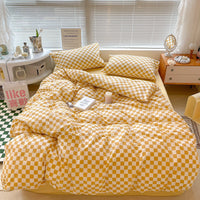 HKM-874643 Cotton Checkerboard Bed Set - 4-Piece Bedding in Blue, Pink, Yellow, Black & White Geometric Design