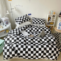 HKM-874643 Cotton Checkerboard Bed Set - 4-Piece Bedding in Blue, Pink, Yellow, Black & White Geometric Design