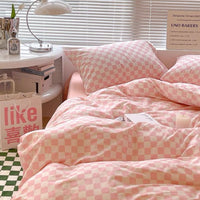 HKM-874643 Cotton Checkerboard Bed Set - 4-Piece Bedding in Blue, Pink, Yellow, Black & White Geometric Design