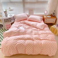 HKM-874643 Cotton Checkerboard Bed Set - 4-Piece Bedding in Blue, Pink, Yellow, Black & White Geometric Design