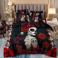 HKM-874643 Skull Beauty Printed Quilt Cover and Bed Sheet 3-Piece Set for AU, US, and EU Sizes