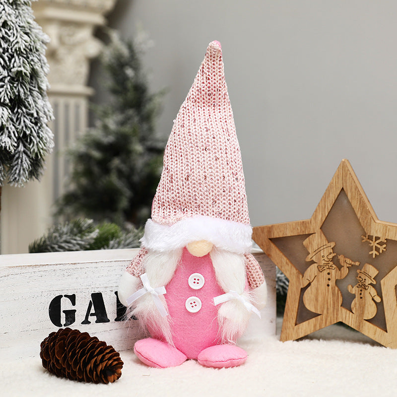 HKM-874771 Forest Elderly Doll Christmas Ornament with Snowflake Knitted Hat - 19cm Cloth Decoration