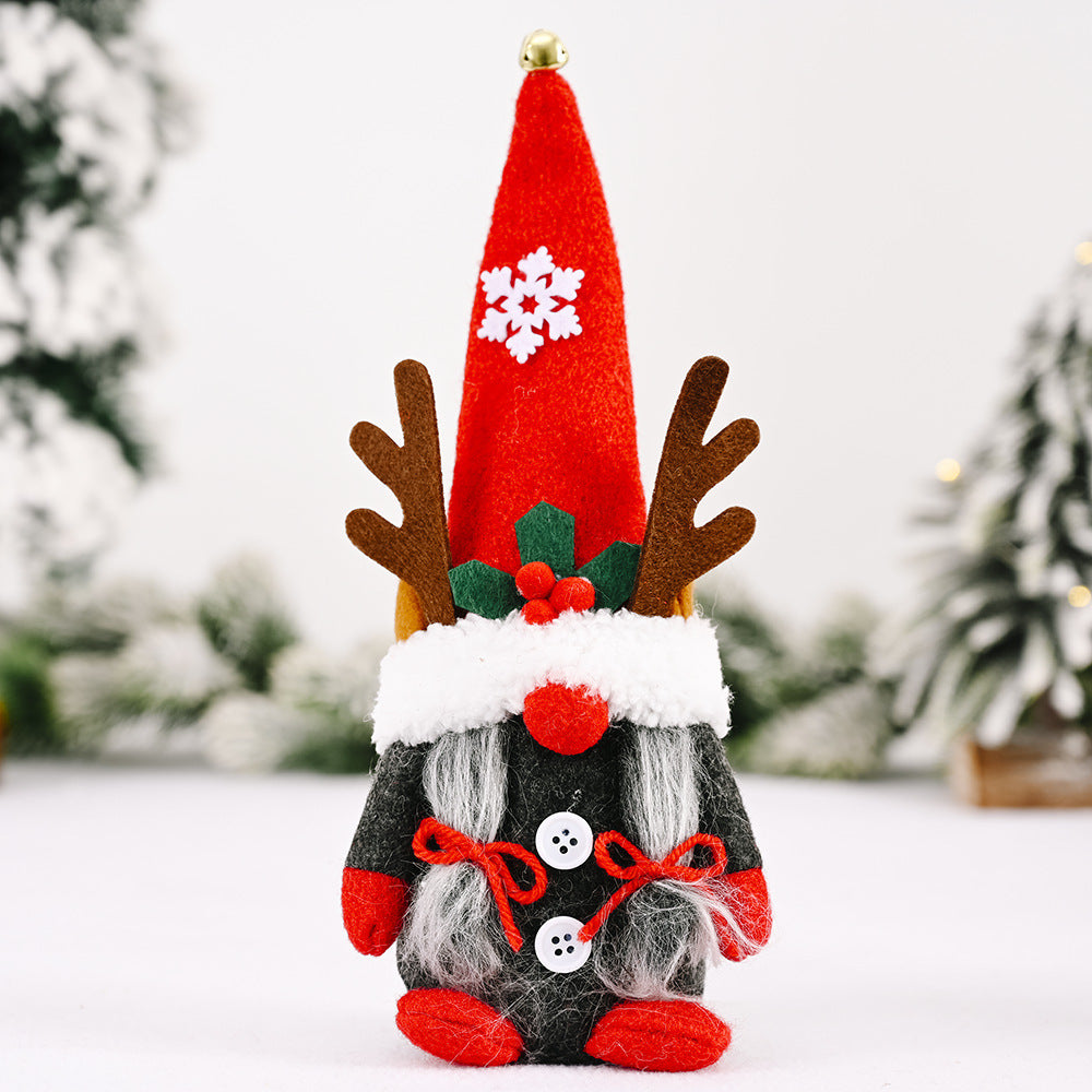 HKM-874771 Forest Elderly Doll Christmas Ornament with Snowflake Knitted Hat - 19cm Cloth Decoration