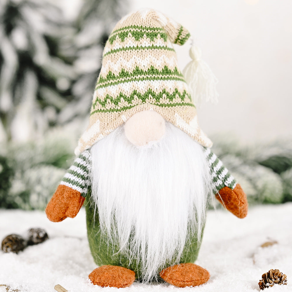 HKM-874771 Forest Elderly Doll Christmas Ornament with Snowflake Knitted Hat - 19cm Cloth Decoration