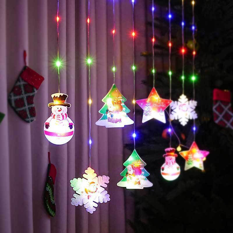 HKM-875091 Warm White & Colorful Painted Christmas Curtain Lights with Durable Rubber-Covered Wire and Various Power Supply Options