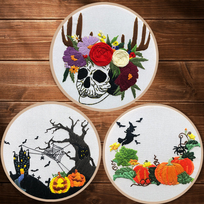HKM-875155 Beginner's Three Dimensional Embroidery Kit - Cotton & Linen, Modern Designs (Skull Flowers, Pumpkin Spider Web, Halloween Pumpkin)
