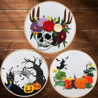 HKM-875155 Beginner's Three Dimensional Embroidery Kit - Cotton & Linen, Modern Designs (Skull Flowers, Pumpkin Spider Web, Halloween Pumpkin)