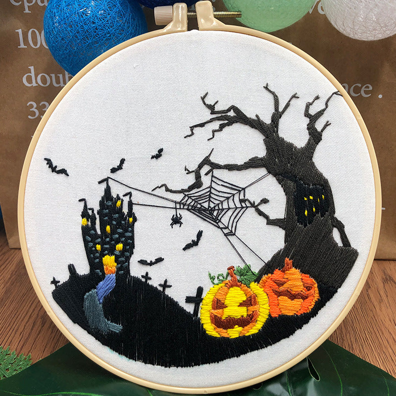 HKM-875155 Beginner's Three Dimensional Embroidery Kit - Cotton & Linen, Modern Designs (Skull Flowers, Pumpkin Spider Web, Halloween Pumpkin)