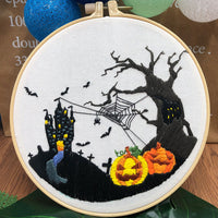 HKM-875155 Beginner's Three Dimensional Embroidery Kit - Cotton & Linen, Modern Designs (Skull Flowers, Pumpkin Spider Web, Halloween Pumpkin)