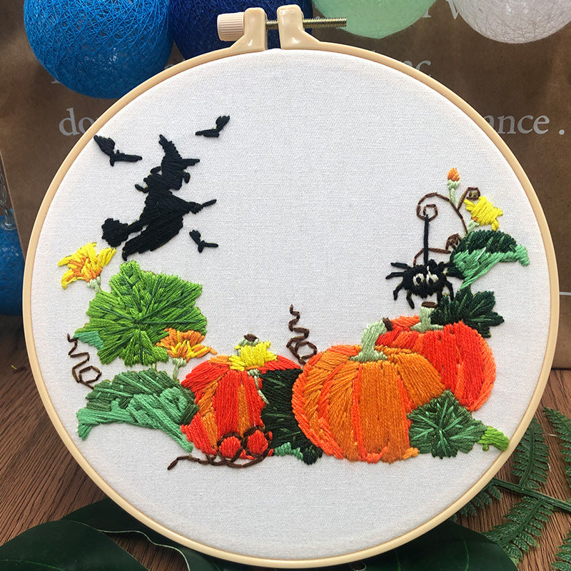 HKM-875155 Beginner's Three Dimensional Embroidery Kit - Cotton & Linen, Modern Designs (Skull Flowers, Pumpkin Spider Web, Halloween Pumpkin)