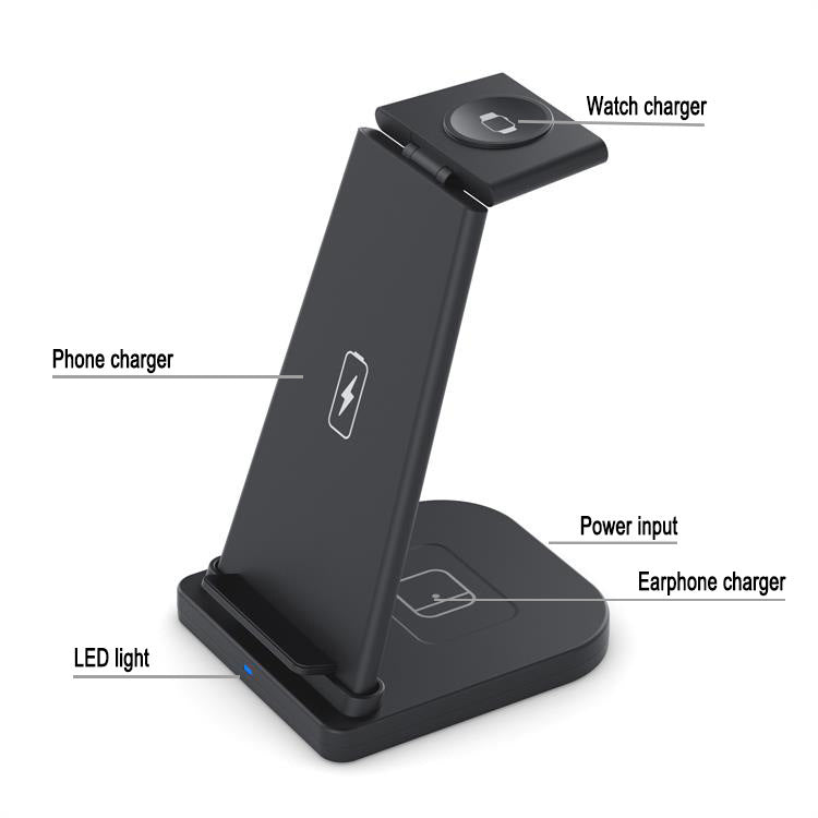 HKM-875539 3-in-1 Foldable Wireless Charger for Mobile Phones, Headphones, and Smartwatches, 10W Output, Compact Design