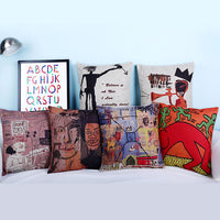 HKM-875539 Basquiat-Inspired Abstract Graffiti Cotton Linen Pillowcase - 45x45cm with Hidden Zipper