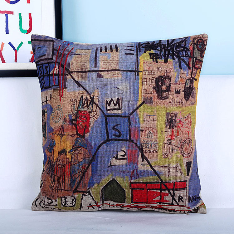 HKM-875539 Basquiat-Inspired Abstract Graffiti Cotton Linen Pillowcase - 45x45cm with Hidden Zipper