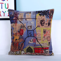 HKM-875539 Basquiat-Inspired Abstract Graffiti Cotton Linen Pillowcase - 45x45cm with Hidden Zipper