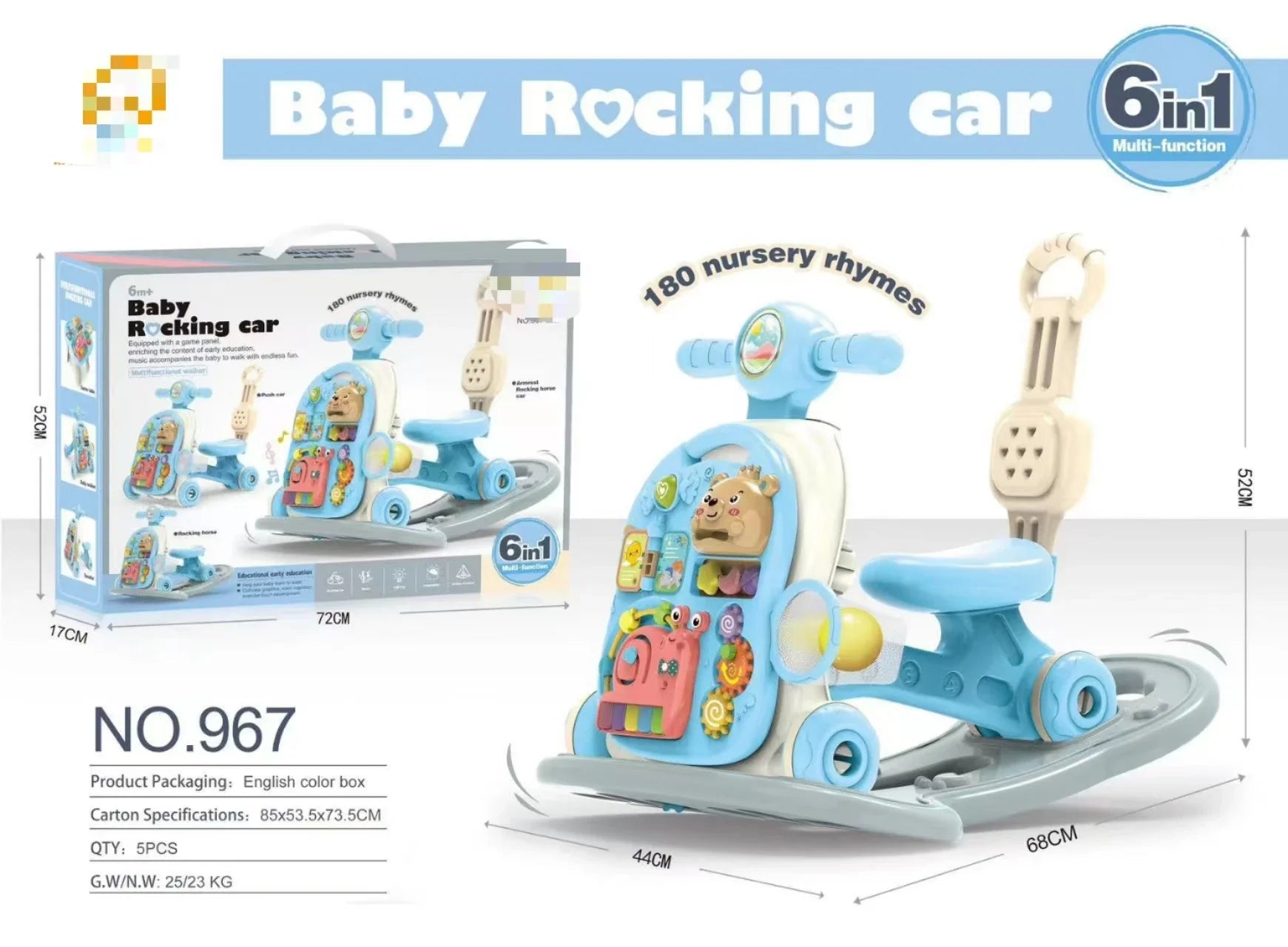 HKM-876307 6-in-1 Multifunctional Baby Rocking Car and Learning Walker for Toddlers