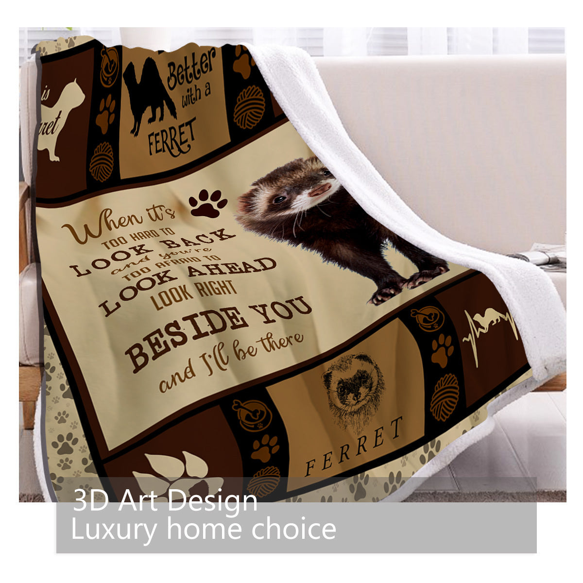 HKM-876627 Cozy Lamb Wool Blanket with Ferret Paw Print - Soft Fleece for Home or Office
