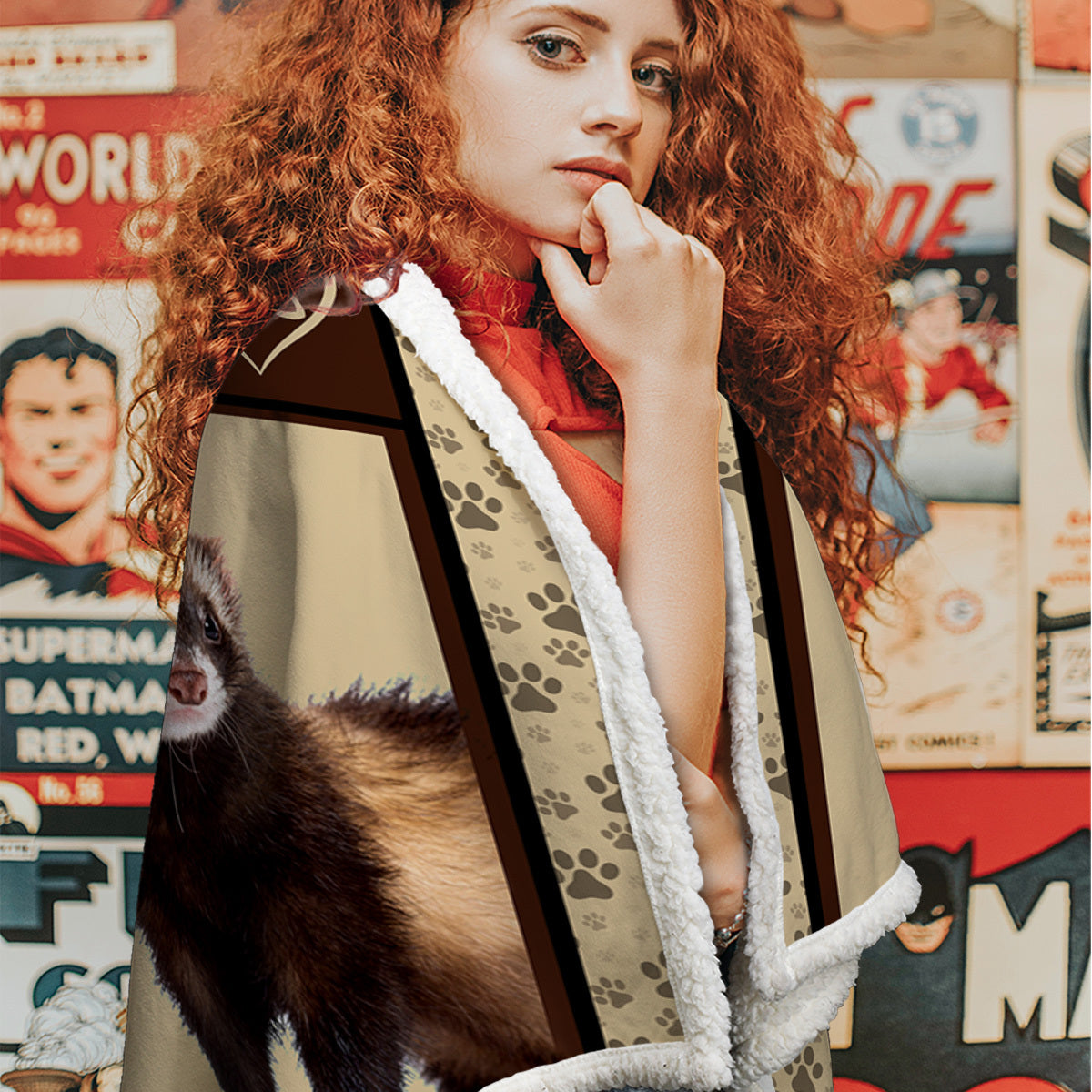 HKM-876627 Cozy Lamb Wool Blanket with Ferret Paw Print - Soft Fleece for Home or Office