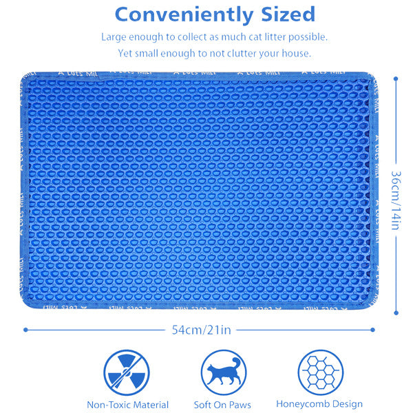 HKM-876819 Double Layer Cat Litter Mat with Rice Shape Design - Waterproof EVA, Litter Trapper & Easy to Clean, Blue