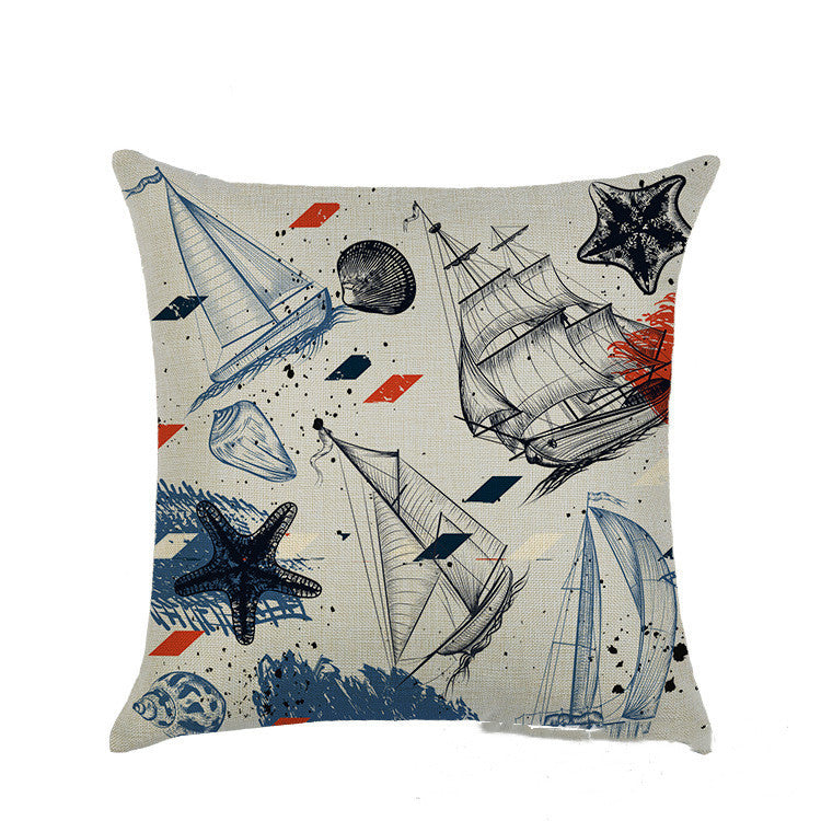 KTX-877459 Mediterranean Style Linen Pillowcase Featuring Steamship Pattern