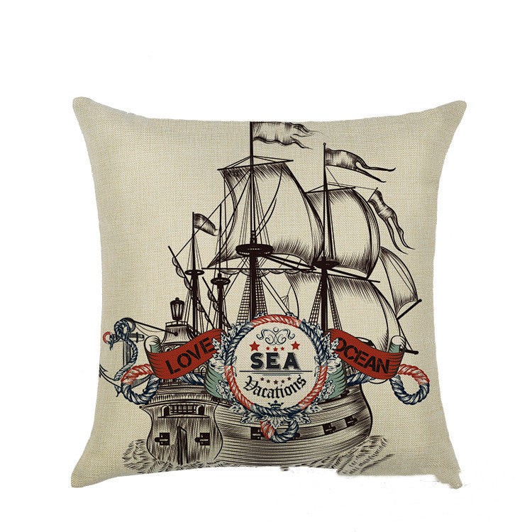 KTX-877459 Mediterranean Style Linen Pillowcase Featuring Steamship Pattern