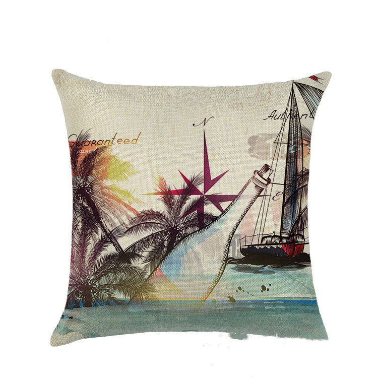 KTX-877459 Mediterranean Style Linen Pillowcase Featuring Steamship Pattern