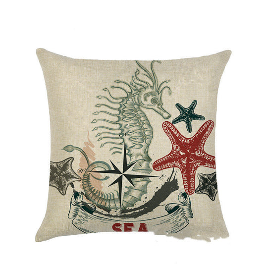 KTX-877459 Mediterranean Style Linen Pillowcase Featuring Steamship Pattern