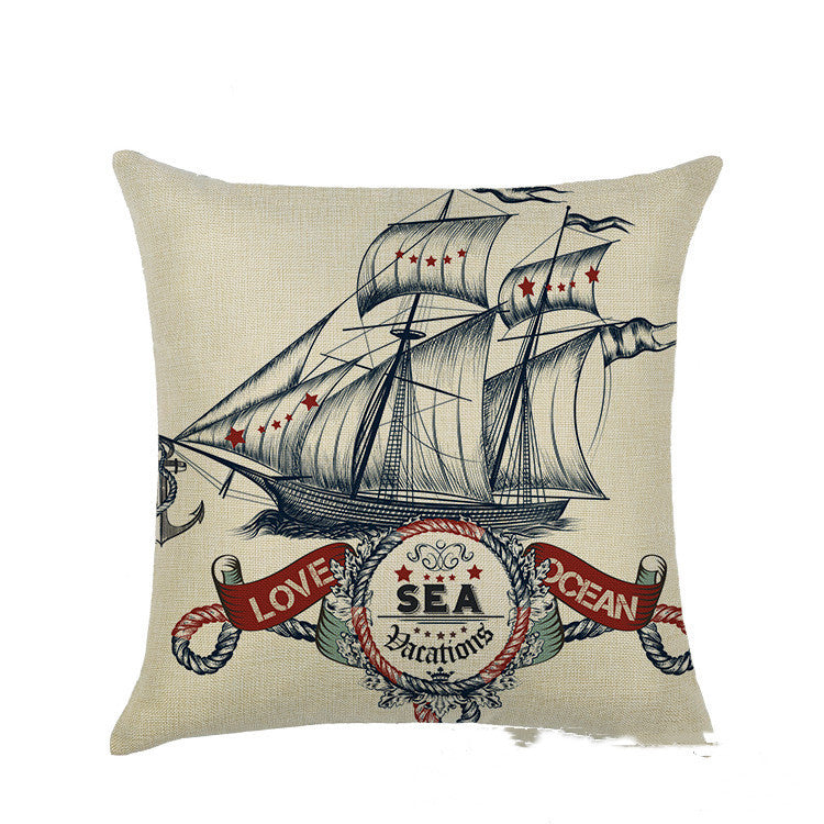 KTX-877459 Mediterranean Style Linen Pillowcase Featuring Steamship Pattern