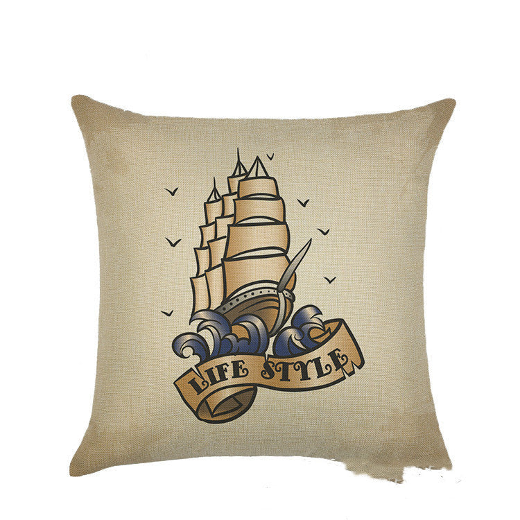 KTX-877459 Mediterranean Style Linen Pillowcase Featuring Steamship Pattern