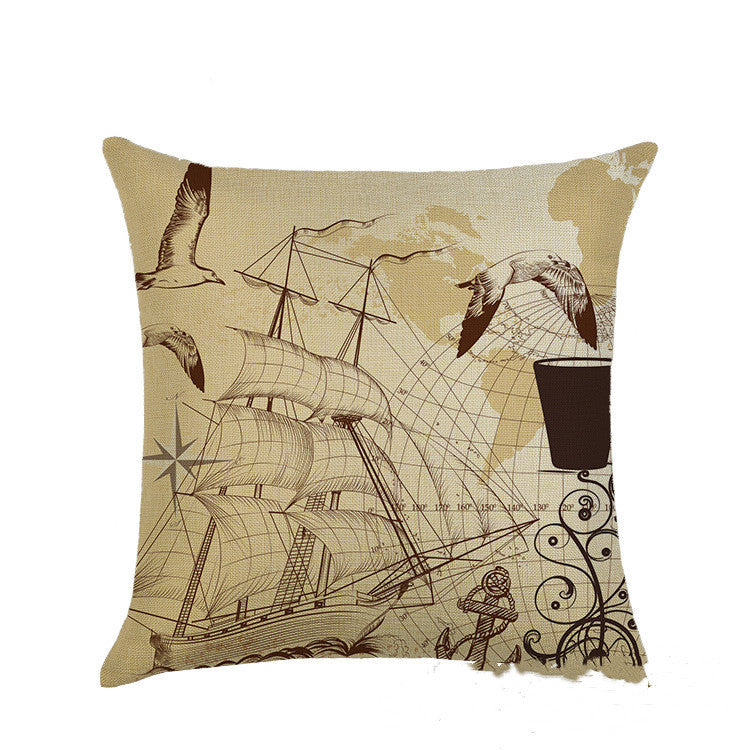 KTX-877459 Mediterranean Style Linen Pillowcase Featuring Steamship Pattern