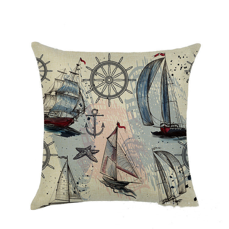 KTX-877459 Mediterranean Style Linen Pillowcase Featuring Steamship Pattern