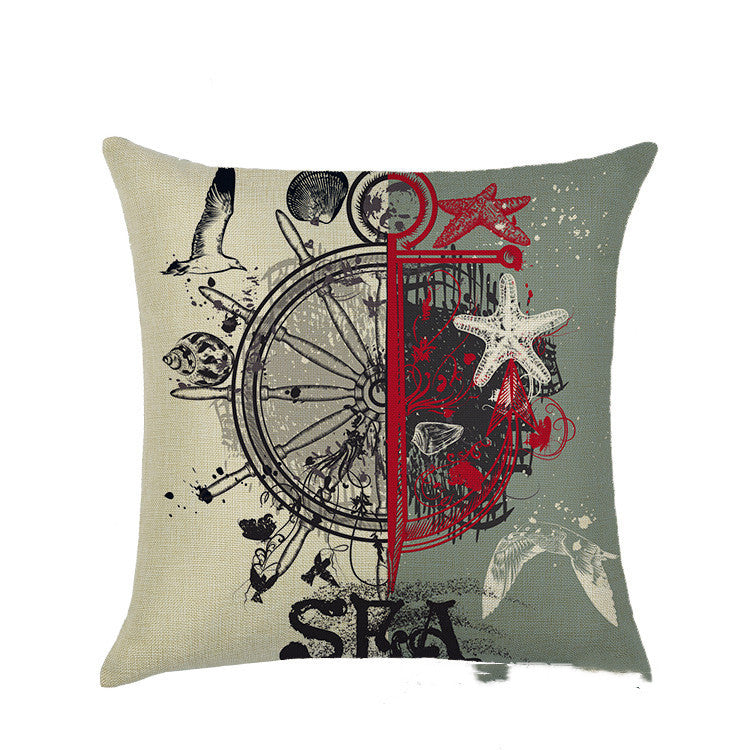 KTX-877459 Mediterranean Style Linen Pillowcase Featuring Steamship Pattern